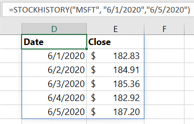 Excel新增STOCKHISTORY函数：可显示指定时间段内的股价历史数据