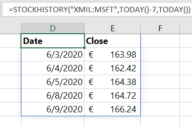 Excel新增STOCKHISTORY函数：可显示指定时间段内的股价历史数据